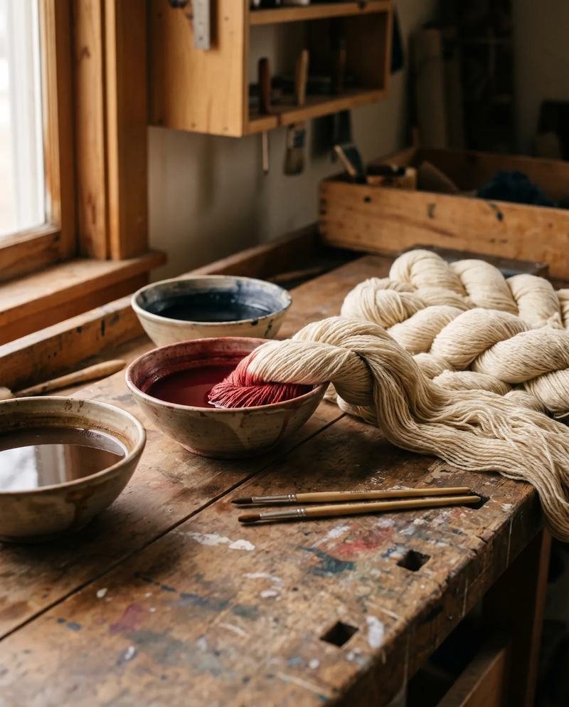 Bols de teintures naturelles et écheveaux de laine écrue sur un établi